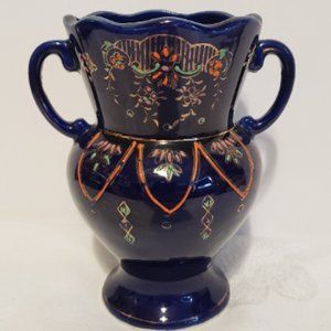 Vintage Cobalt Blue Hand Painted Double Handled Vase Japan